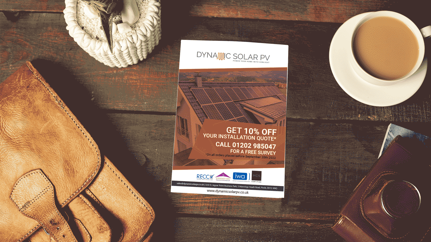 Portfolio mock up of Dynamic Solar PV's bespoke A5 flyer.