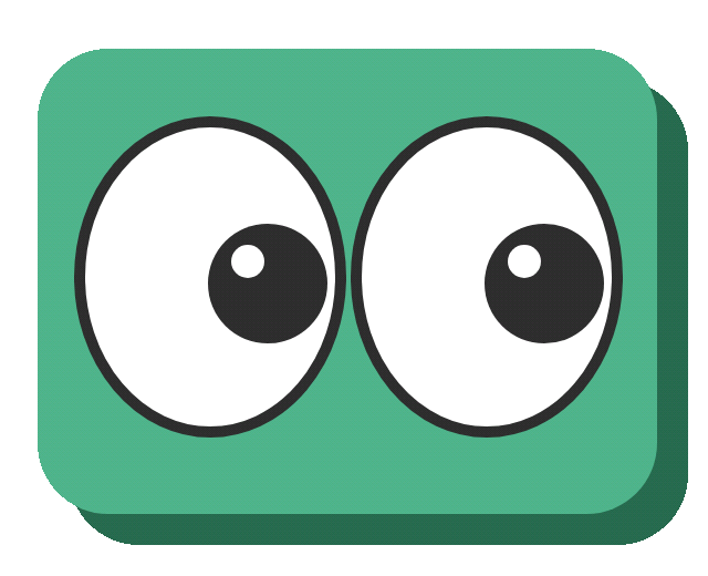 Two big cartoon eyes on an Amped green tile, glancing sideways and blinking