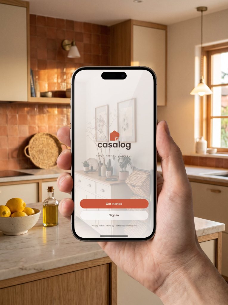 The Casalog app welcome screen on a phone in a home kitchen