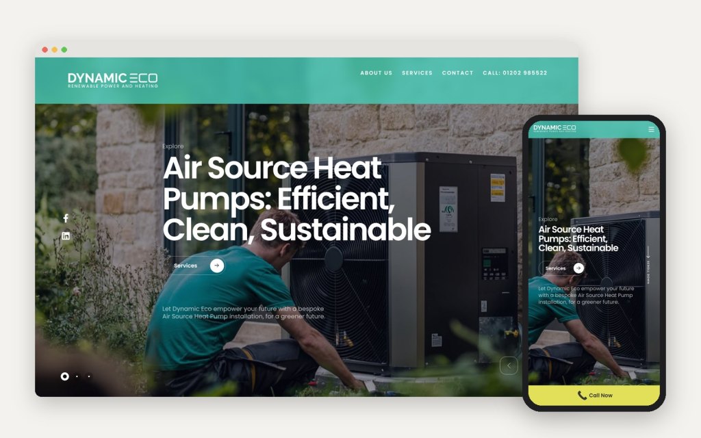 Dynamic Eco renewable energy website shown on a desktop browser and a mobile phone, with an air source heat pump hero image and a Call Now button on mobile