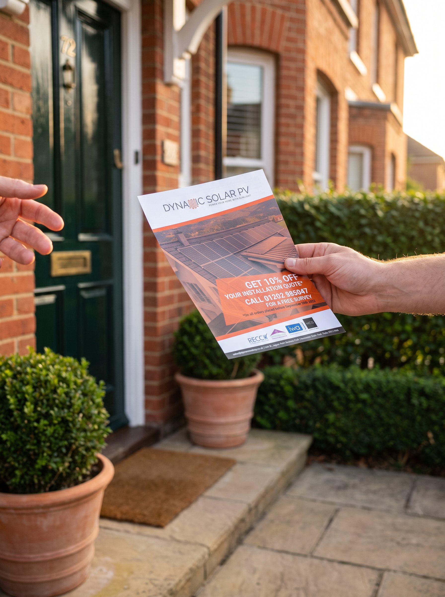 A Dynamic Solar A5 flyer being handed over at a front door