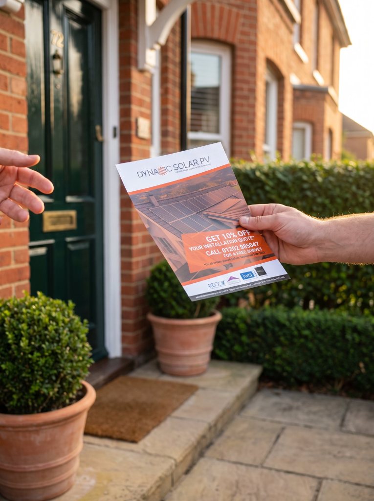 A Dynamic Solar A5 flyer being handed over at a front door