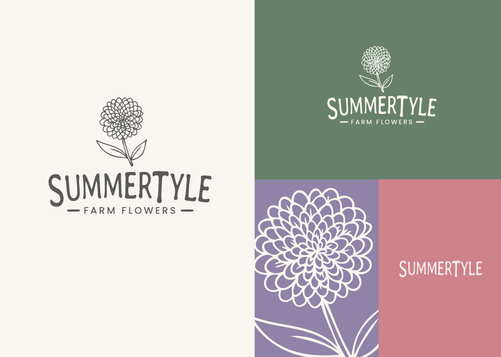 SummerTyle Farm Flowers logo with a hand-drawn dahlia, shown in charcoal, on sage green, as a lilac flower icon and as a pink wordmark