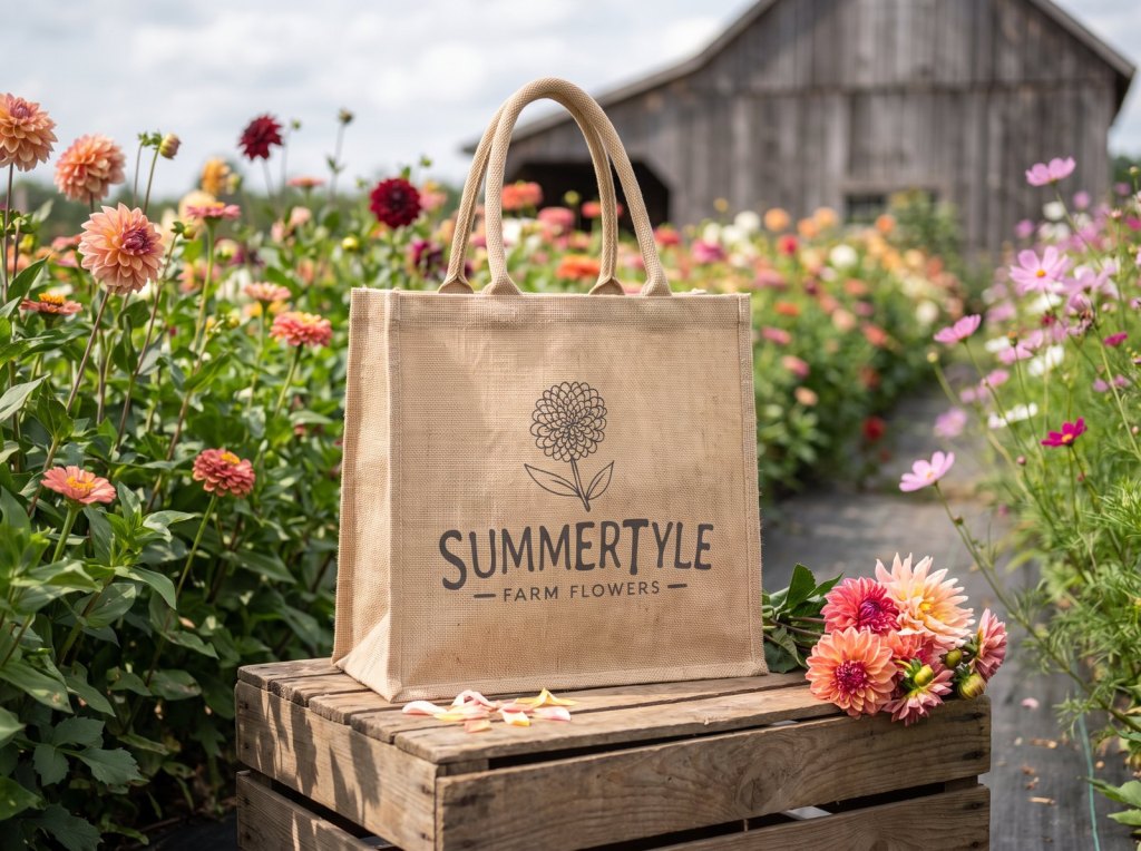 A jute tote bag printed with the SummerTyle Farm Flowers dahlia logo, on a wooden crate in a field of dahlias